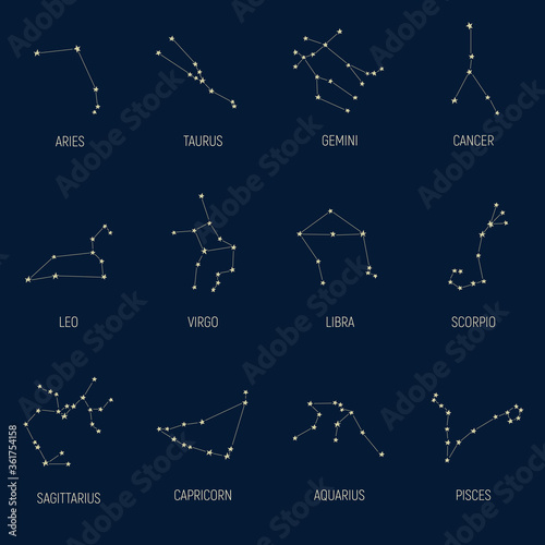 Collection of the zodiac signs on dark blue background