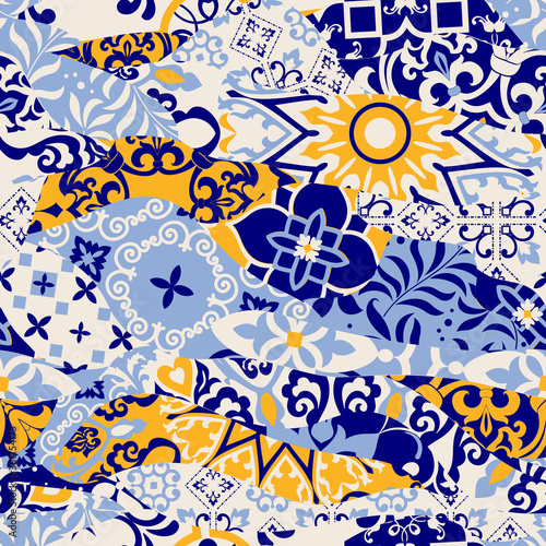 Azulejos tiles patchwork. Hand drawn seamless abstract pattern. Islam, Arabic, Indian, Ottoman motifs. Majolica pottery tile, blue, yellow azulejo. Original traditional Portuguese and Spain decor