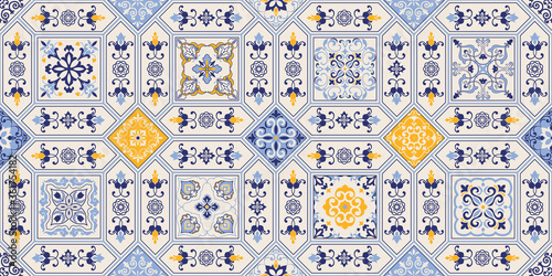 Azulejos tiles patchwork. Hand drawn seamless abstract pattern. Islam, Arabic, Indian, Ottoman motifs. Majolica pottery tile, blue, yellow azulejo. Original traditional Portuguese and Spain decor