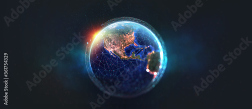 Earth view from space. Global network. Blockchain technology. Planet and communication. Future world 3D illustration. Elements of this image are furnished by NASA #361754329