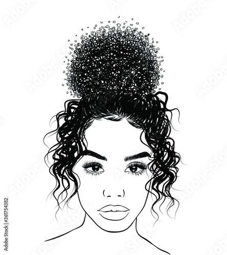 Curly beauty girl illustration isolated on clear background. Double buns with long hair. Hand draw idea for business cards, templates, web, brochure, posters, postcards, salon