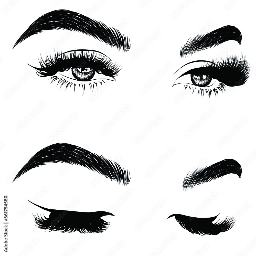 Hand-drawn woman's luxurious eye with perfectly shaped eyebrows and full lashes. Idea for business visit card, typography vector.Perfect salon look.