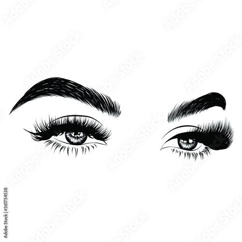 Sleek fashion illustration of the eye with luxe makeup and natural eyebrow. Hand drawn vector idea for business visit cards, templates, web, salon banners,brochures. Microblading visit card © Moschiorini