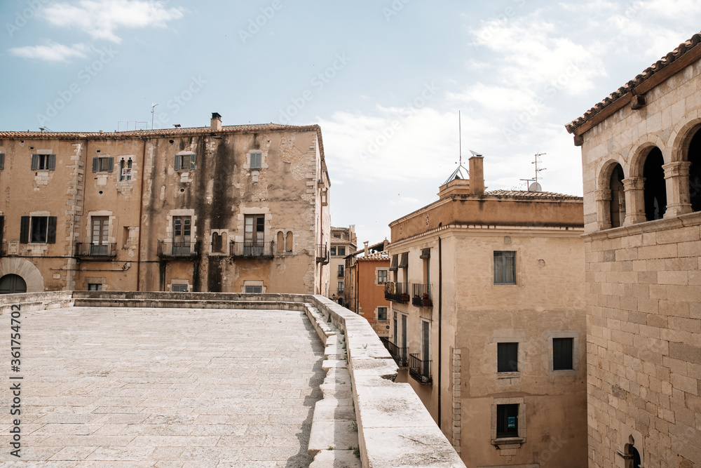 Gerona, Spain - empty stairs and facade of church Santa Maria