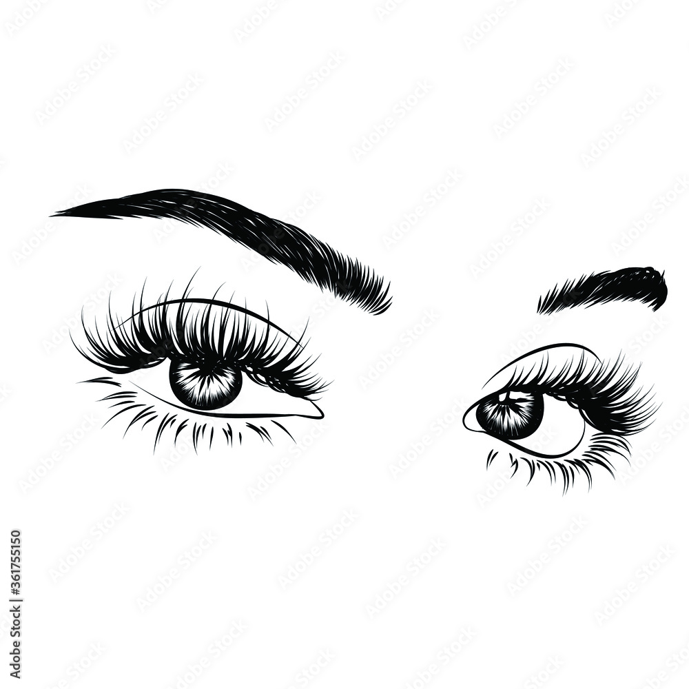 Fototapeta premium Hand-drawn woman's luxurious eye with perfectly shaped eyebrows and full lashes. Idea for business visit card, typography vector.Perfect salon look.