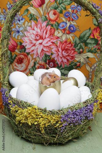 Cute mouse. Happy Easter! Easter postcard in russian style. Fairy tale 