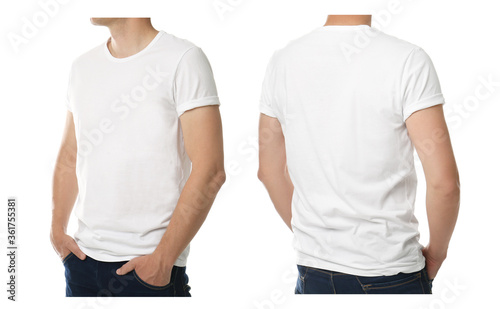 Man in t-shirt on white background, closeup