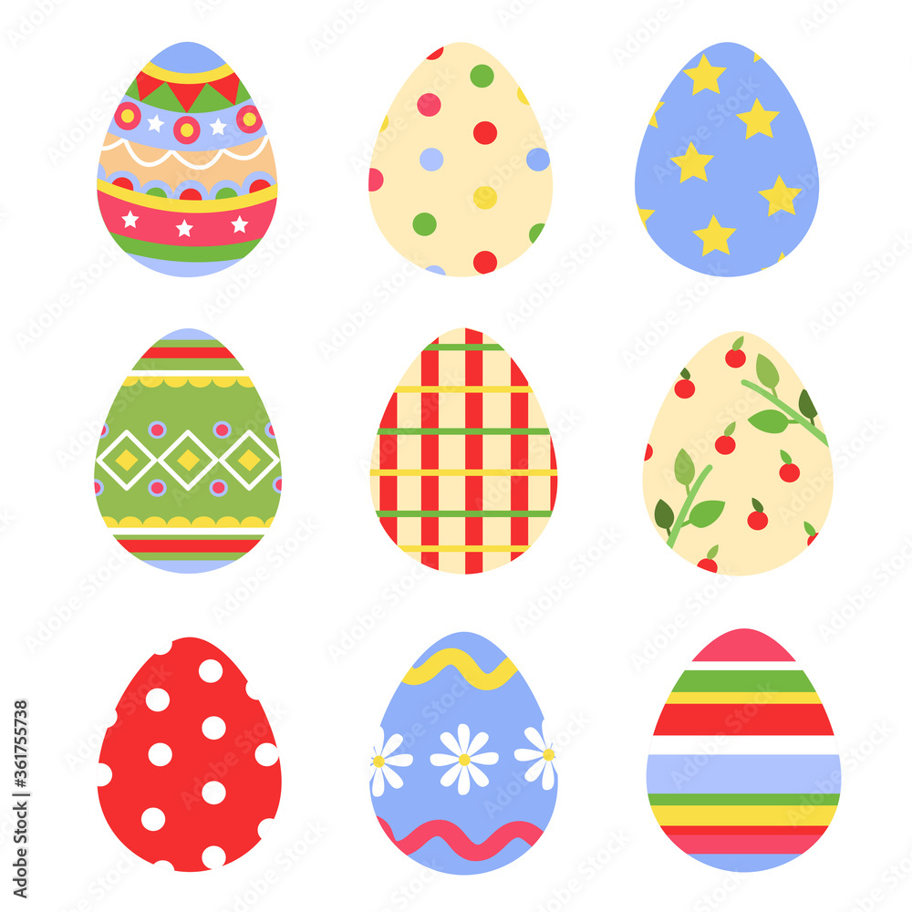 Set of colorful decorative easter eggs. Isolated on white background. Holiday collection with different patterns and abstract ornaments. Vector illustration. Celebration objects and elements. 