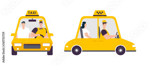 Driver and passenger in car, front and side view isolated objects