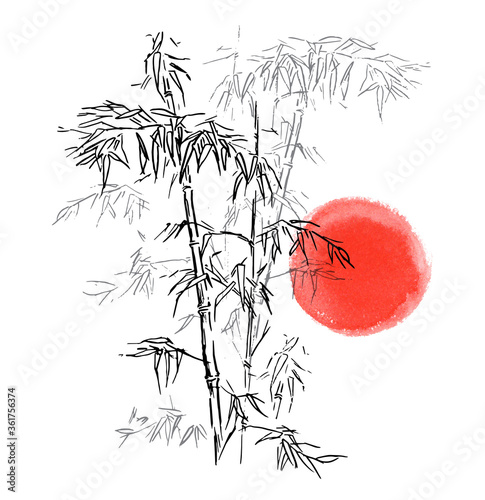 Japanese traditional bamboo branches isolated on white background. Vector illustration. Black silhouette of bamboo against the background of the red circle