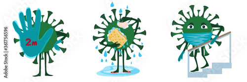 Covid-19 Coronavirus. Infection. Collection of logos. Compliance with hygiene rules. Vector illustration of a dangerous virus. Antiviral mask, disinfection against viruses, hygiene in the shower. Pand