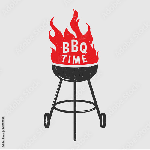 Black BBQ Grill with red fire on white background. Grill Party