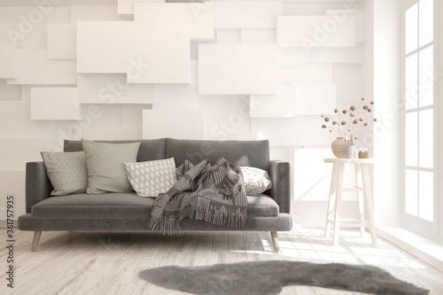 White stylish minimalist room with black sofa. Scandinavian interior design. 3D illustration