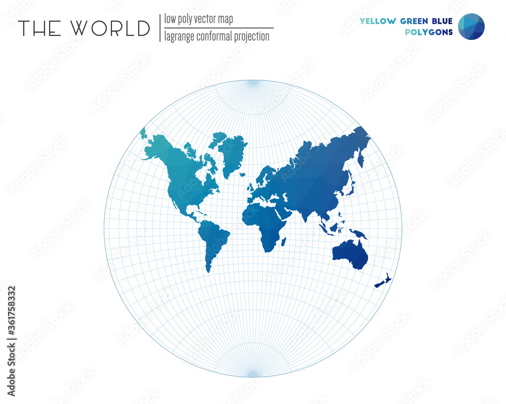 Polygonal map of the world. Lagrange conformal projection of the world. Yellow, green, and blue colored polygons. Modern vector illustration. Polygonal map of the world. Lagrange conformal projection of the world. Yellow, green, and blue colored polygons. Modern vector illustration.