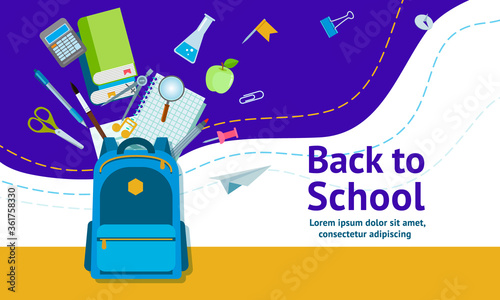 Back to school poster design. Backpack, pen and school supplies on a colorful background. Vector illustration can be used for web banner, advertising, signs. Student bag with cool accessories
