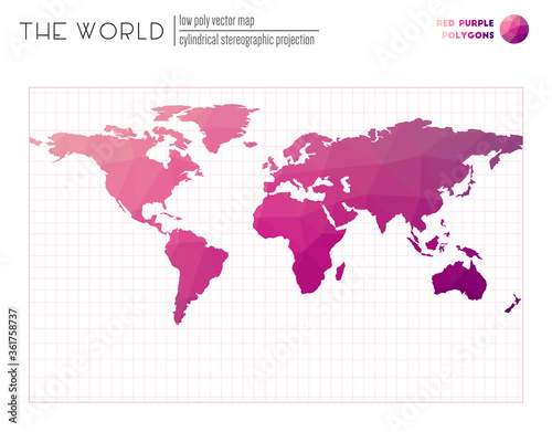 Triangular mesh of the world. Cylindrical stereographic projection of the world. Red Purple colored polygons. Creative vector illustration.