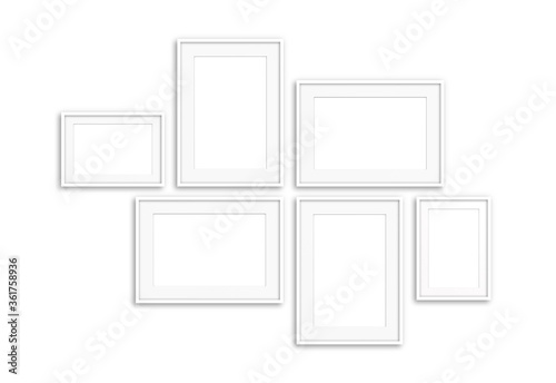 Six white photo frames set isolated on white background, interior decor mock up
