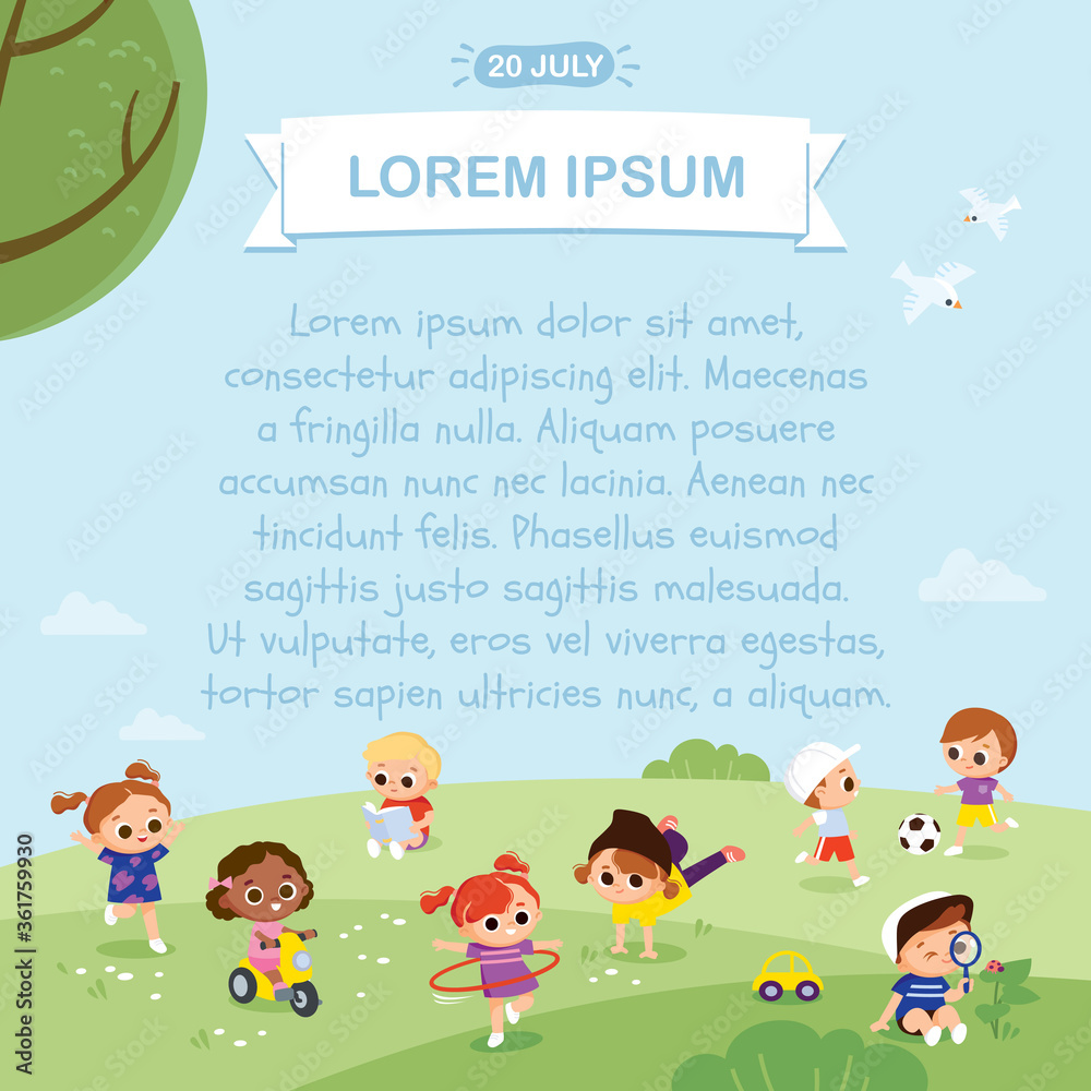 Fototapeta premium Cute children play outside. International Children's Day. Children play in the park. Kids summer activities outdoors.