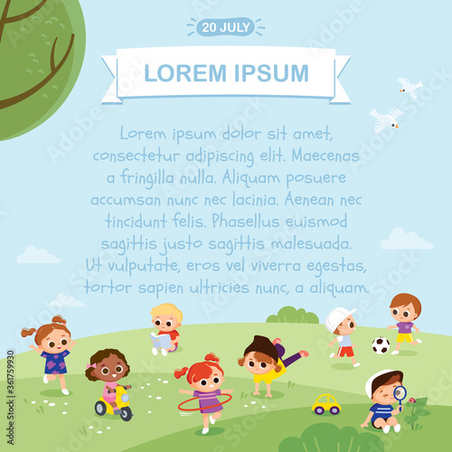 Cute children play outside. International Children's Day. Children play in the park. Kids summer activities outdoors.