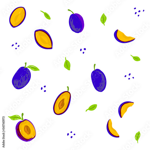 Fototapeta Naklejka Na Ścianę i Meble -  Plum vector illustration set. Purple plum hand drawn collection, design template. Damsons blue plum cut with drupe, whole, half, leaves