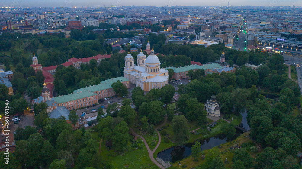Aerial view of Alexander Nevsky Cathedral in St. Petersburg. Alexander Nevsky Lavra.
