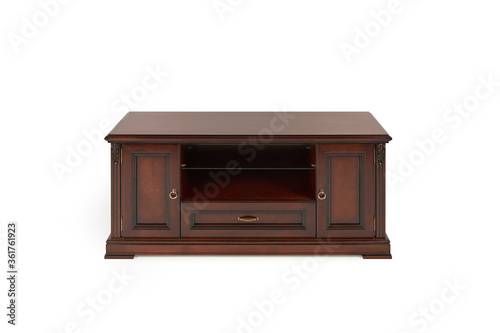 TV stand chest of drawers in classic style made of solid wood on a white background