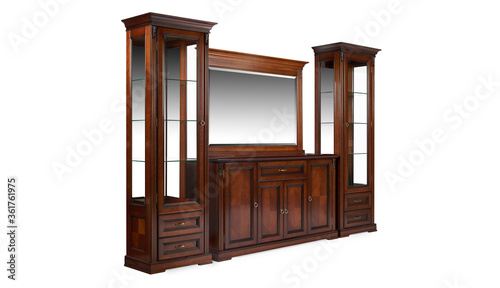 Group of furniture for the living room  chest of drawers  TV stand  mirror  wardrobe showcase in classic style made of solid wood on a white background