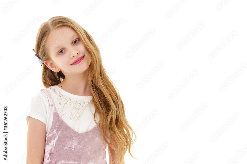 Beautiful little girl in an elegant dress in full growth. Beautiful little girl in an elegant dress in full growth.