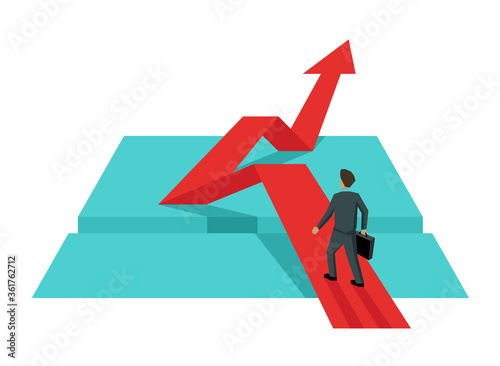 Businessman overcomes an obstacle on red arrow up - creative illustration of business strategy, challenge, career 