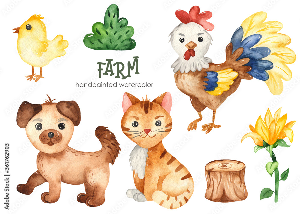 Fototapeta premium Farm watercolor set with rooster, chicken, cat, dog, log, sunflower, bush