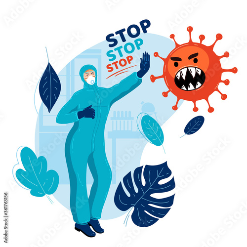 Virologist in medical protective suit stops virus.