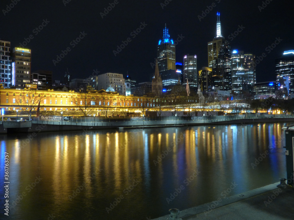 Australia, Melbourne, Night view, illuminated palaces are reflected on the river