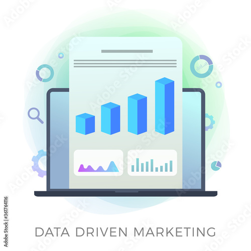 Data Driven Marketing flat vector icon. Conversion management and analysis with violet background. Digital Business Growth Optimization illustration concept. Laptop with charts and stats