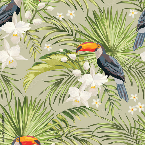 Seamless tropical pattern with jungle flowers, parrots and leaves.