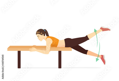 Woman doing Flutter Kicks Exercise on bench. Illustration about abdominal exercise at home.