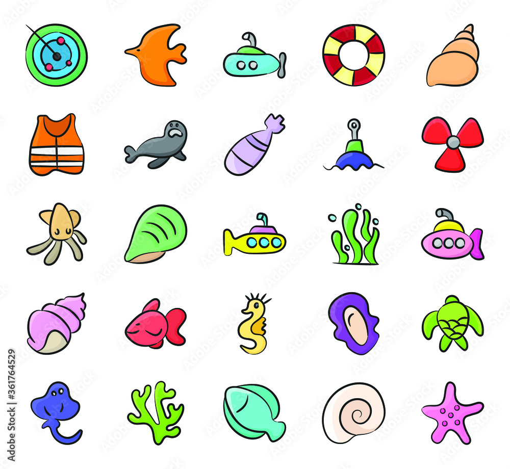 Obraz premium Submarine and Sealife in Trendy Doodle Style Pack 