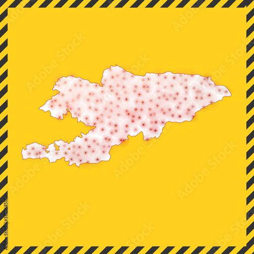 Kyrgyzstan closed - virus danger sign. Lock down country icon. Black striped border around map with virus spread concept. Vector illustration.
