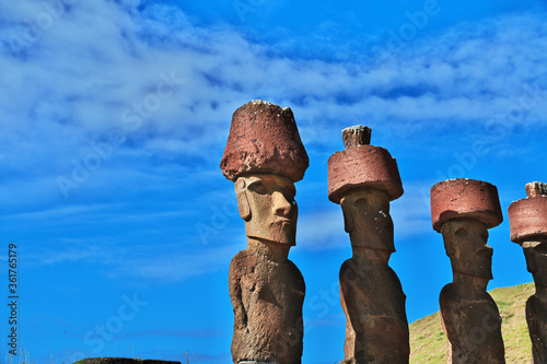 Rapa Nui. The statue Moai in Ahu Nau Nau on Easter Island, Chile