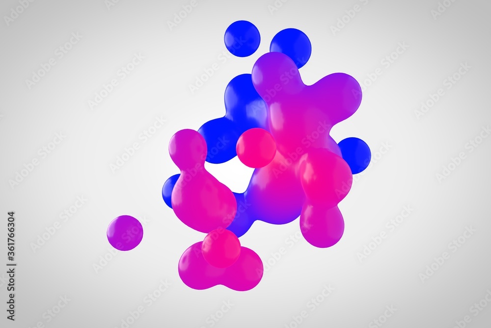Blue-red plastic metaball in 3d. Small drops are separated from the liquid sphere and connected together on a white background. Liquid molecule decaying in 3d rendering. Blue-red plastic metaball in 3d. Small drops are separated from the liquid sphere and connected together on a white background. Liquid molecule decaying in 3d rendering.