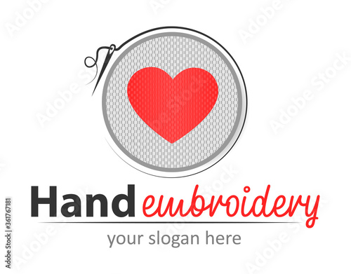 Hand Embroidery modern creative logo. Vector fancywork logo design template. Embroidery hoop with a needle. Design for print, emblem, t-shirt, party decoration, sticker, logotype.
