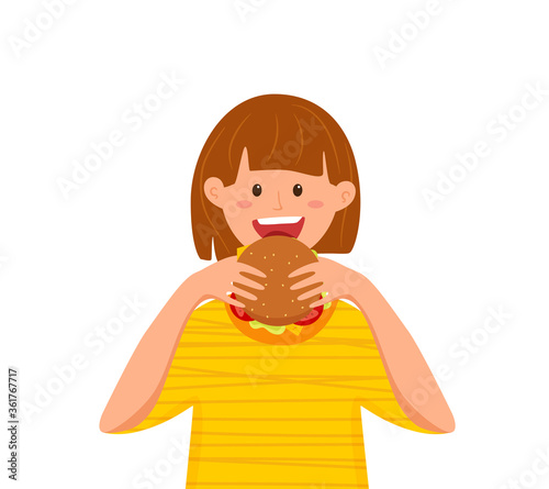 Kid biting burger fast food vector illustration. Colorful cartoon style concept
