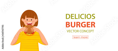 Kid biting burger fast food vector illustration. Colorful cartoon style concept