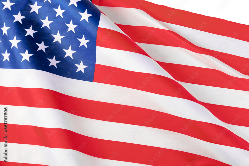Close up of ruffled American flag. Satin texture curved flag of USA. Memorial Day or 4th of July. Banner, freedom concept Close up of ruffled American flag. Satin texture curved flag of USA. Memorial Day or 4th of July. Banner, freedom concept