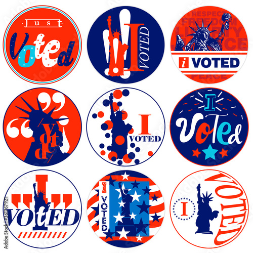Set of nine I Voted Presidential Election campaign badges in United States of America patriotic red and blue national flag colors for 2020 on an isolated white background  