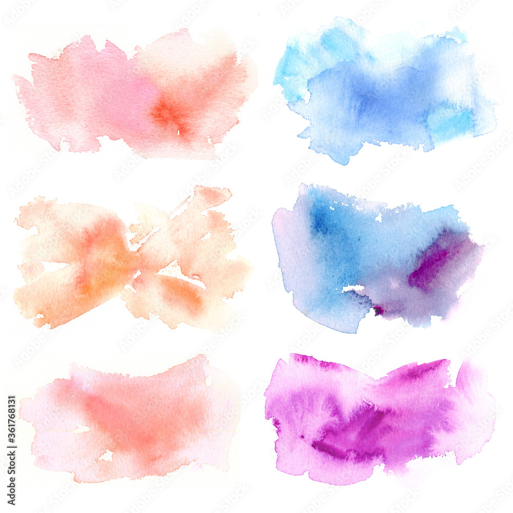 Hand drawn watercolor stains in pink, purple and blue colors.