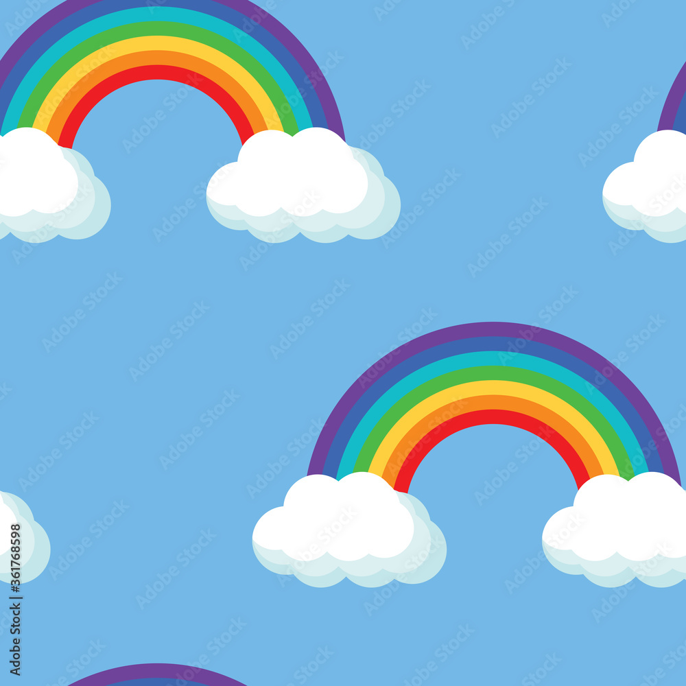 Seamless background with rainbow and clouds for fabric, decorative paper, web. Bright vector illustration on blue sky background. Seamless background with rainbow and clouds for fabric, decorative paper, web. Bright vector illustration on blue sky background.