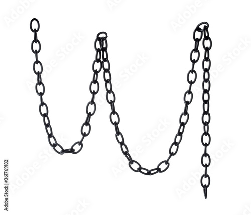 Fragment of a black metal chain on a white background. Isolated photo