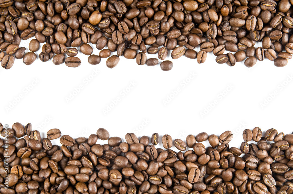 Roasted coffee beans open frame isolated on white background. Border of coffee beans arranged to enclose and frame a sample area of white space for your design needs. Roasted coffee beans open frame isolated on white background. Border of coffee beans arranged to enclose and frame a sample area of white space for your design needs.