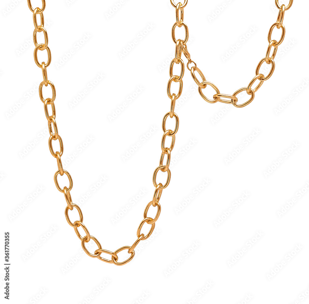 Fragment of a gilded chain in yellow on a white background. Isolated Fragment of a gilded chain in yellow on a white background. Isolated