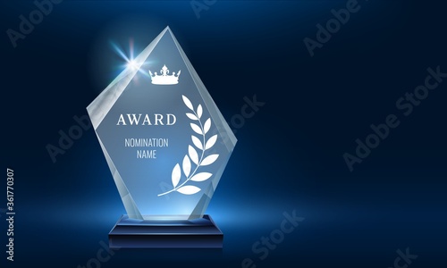 Glass trophy award shining with light. Realistic prize for winner in nomination. First place crystal glossy reward in championship, contest. Trophy with crown and laurel wreath vector illustration photo